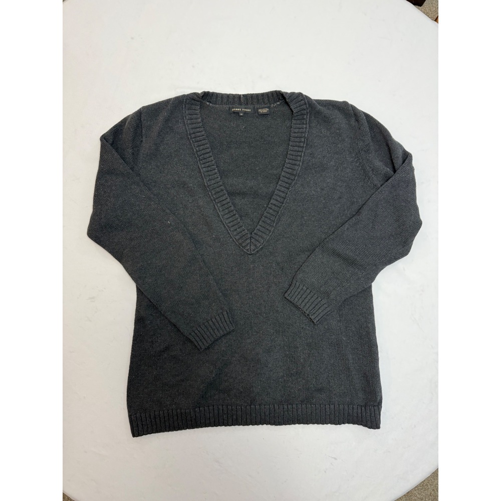 Jeanne Pierre Womens Charcoal Gray 100% Cotton Deep V-Neck Knit Sweater M